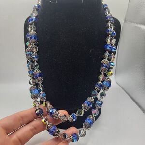 Vintage Vendome Blue Silver AB Crystal Capped 2 strand 24" Necklace AB Crystal